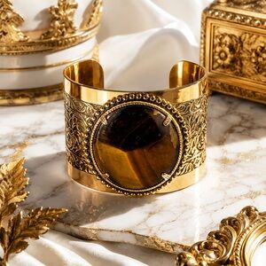 Artisan Vintage Gold Cuff Bracelet • Round Center Tiger's Eye Stone Statement